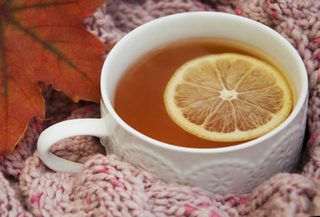 Cup of hot tea with lemon and scarf