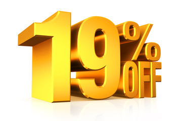 3D render gold text 19 percent off.