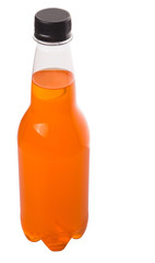 Orange colored soda drinks in bottles over white background 