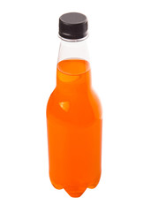 Orange colored soda drinks in bottles over white background 