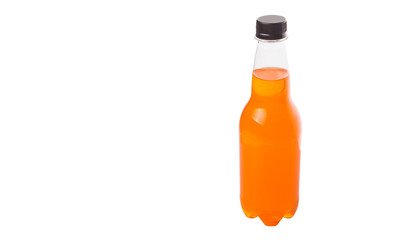 Orange colored soda drinks in bottles over white background 