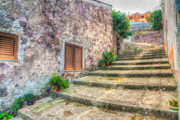 stone stairway and ruined brick wall in hdr tone