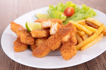 breaded meat and french fries