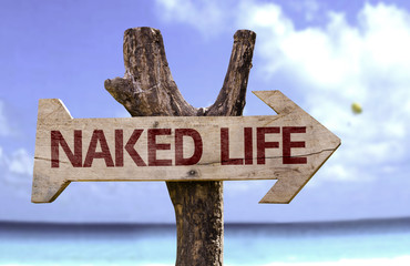 Naked Life wooden sign with a beach on background