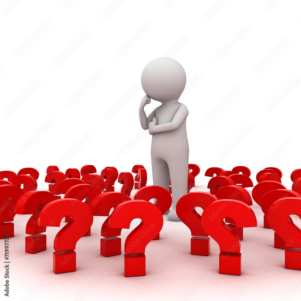 Poster Stressed 3d man standing and thinking amongst red question marks