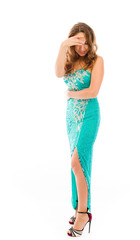 model isolated on plain background ashamed hiding face in hand