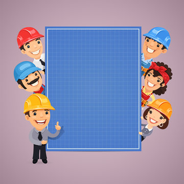 Builders Presenting Blue Print Poster