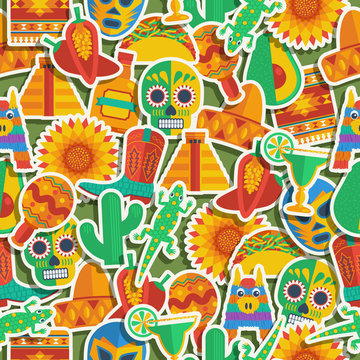 Vector mexican seamless pattern with traditional clipart icons background wallpaper