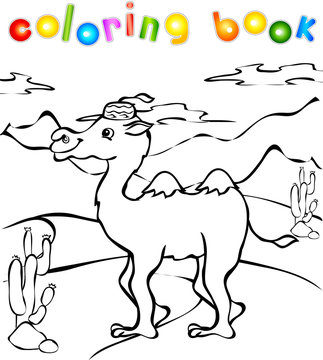 Funny camel in desert coloring book