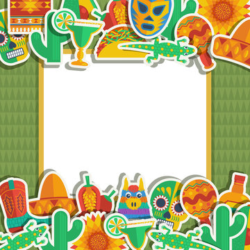 Vector mexican frame with mexico themed clipart on green background with copy space