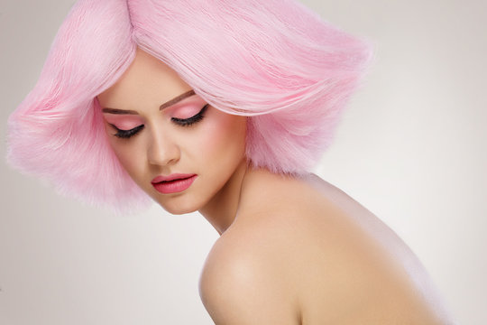Beauty Fashion Model Girl with Pink Hair. Colourful Hair. Colour