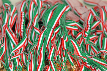 colorful fabric strips with green, white and Red