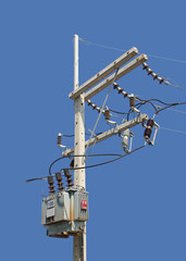 High Voltage Pole with Transformer isolated on Blue Background