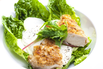 chicken meat with kohlrabi and garlic sauce