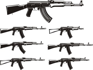 Kalashnikov assault rifle different generation silhouettes set