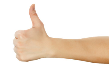Closeup of male hand showing thumbs up sign against white backgr