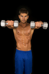 Fototapeta na wymiar man fitness no shirt on black weights forward