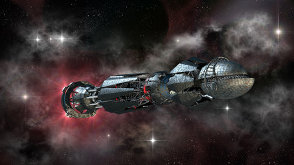 Spaceship in interstellar travel, on a galactic starfield