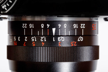 Photo camera lens close-up.