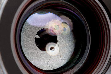 Macro shot of photographic lens. Focus on shutter