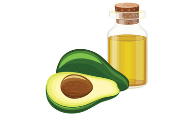 avocado oil, fruit, glass bottle ,vector illustration