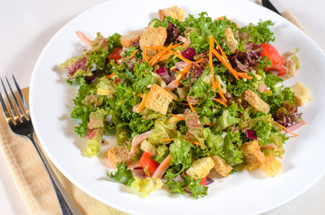 Delicious mixed salad with fried crunchy croutons