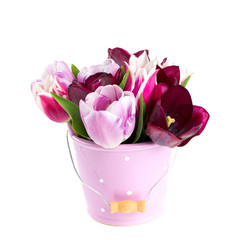 bouquet of tulips in a bucket