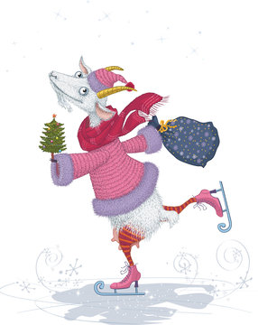 Funny skater goat with christmas tree and bag