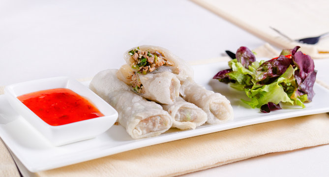 Healthy Meaty Spring Rolls with Veggies and Sauce
