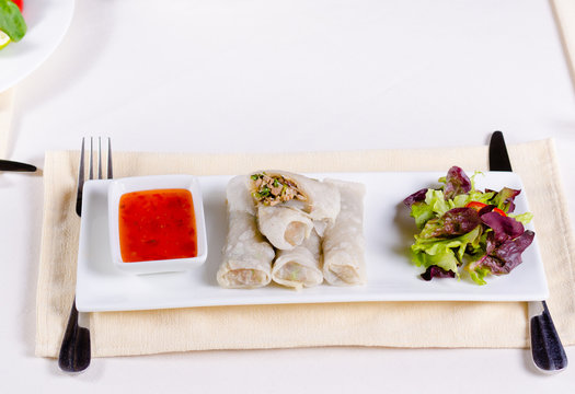 Healthy Meaty Spring Rolls with Veggies and Sauce