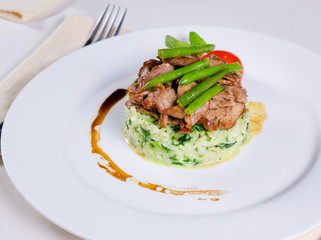 Tasty Beef Meat and Beans on Risotto Dish