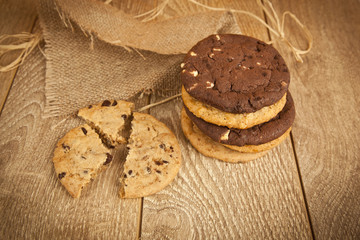 Chocolate chip cookie on wooden background