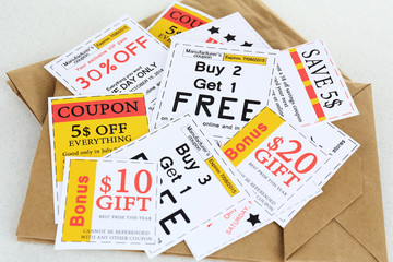 Set of cut coupons for shopping to save money