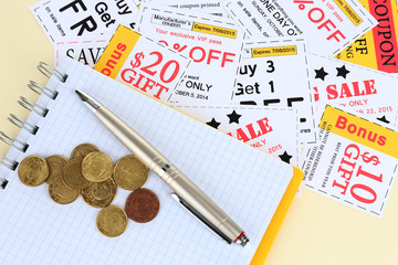 Set of cut coupons for shopping to save money