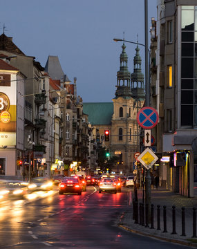 Garbary street in Poznan at evening