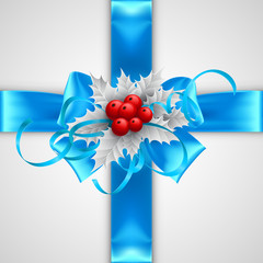 Blue bow with Christmas decorations isolated on white background