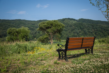 Summer landscape with blue sky, trees and river