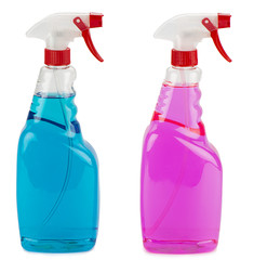 Blue and pink window cleaning sprays in plastic container