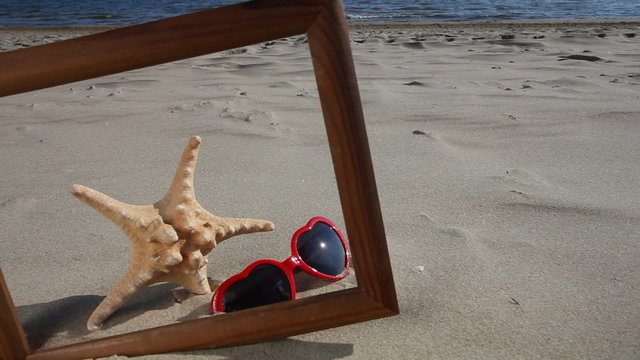 Wooden frame border blank copy space with seashell, starfish