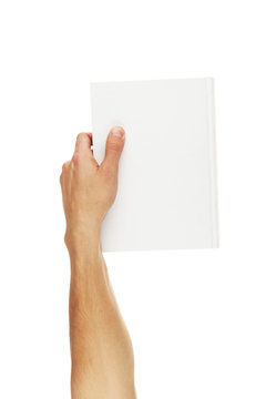 Man Hand Hold White Book Isolated On White