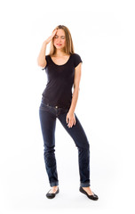 model isolated on plain background confused headache