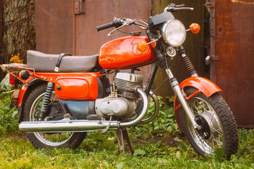 Vintage Red Motorcycle Generic Motorbike In Countryside