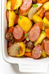Potato and Sausage Dinner. Isolated on white background.
