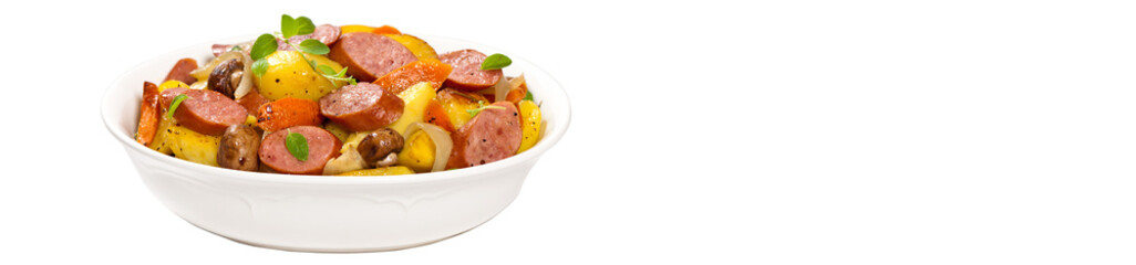 Potato and Sausage Dinner. Isolated on white background.