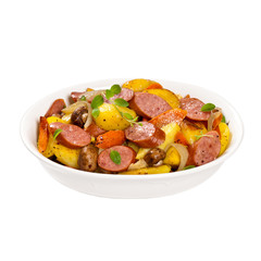 Potato and Sausage Dinner. Isolated on white background.