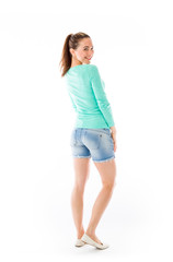 model isolated on plain background back turning around