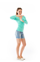 model isolated on plain background hand gesture break sign