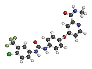 Sorafenib cancer drug molecule. Tyrosine kinase inhibitor (TKI).