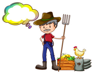 A farmer holding a rake with an empty callout