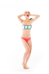 Fototapeta premium model isolated on plain background stressed upset pulling hairs